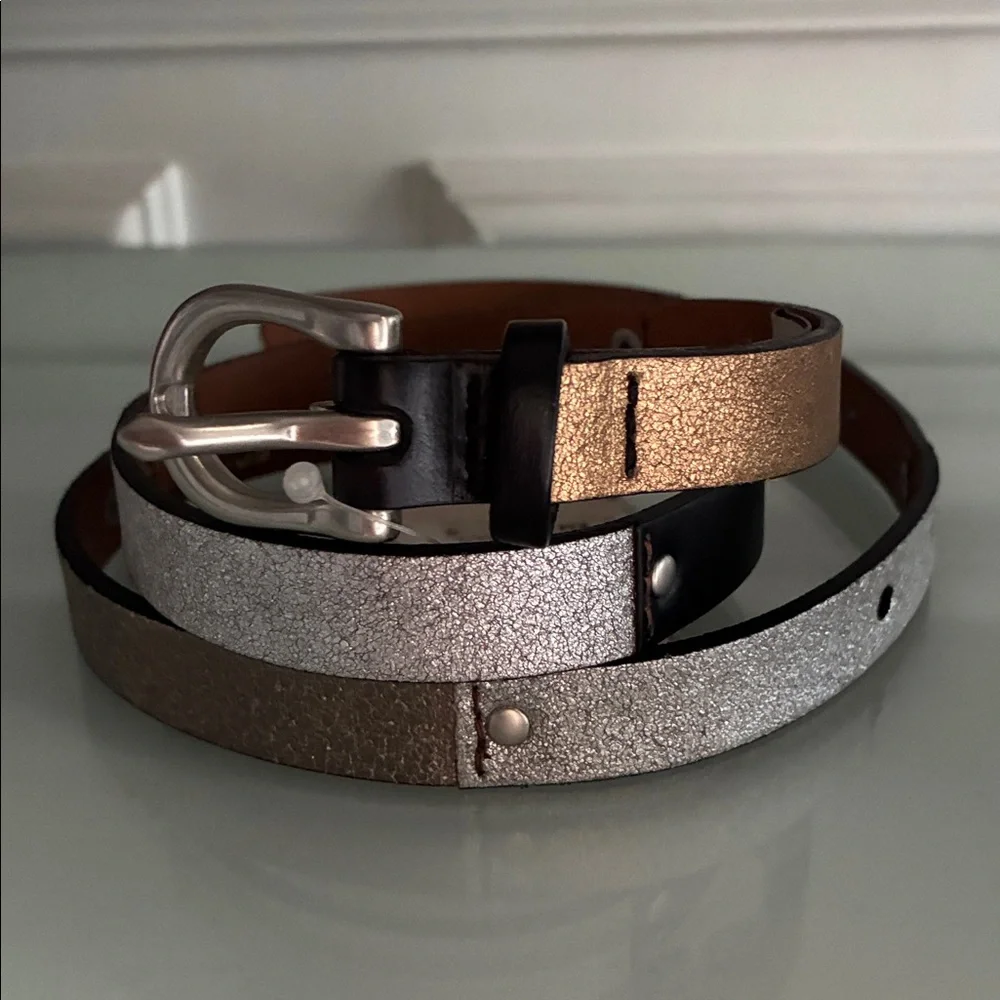 NWT $34 Fossil Leather Metallic & Black Multi Colorblock Skinny Belt - Picture 1 of 8